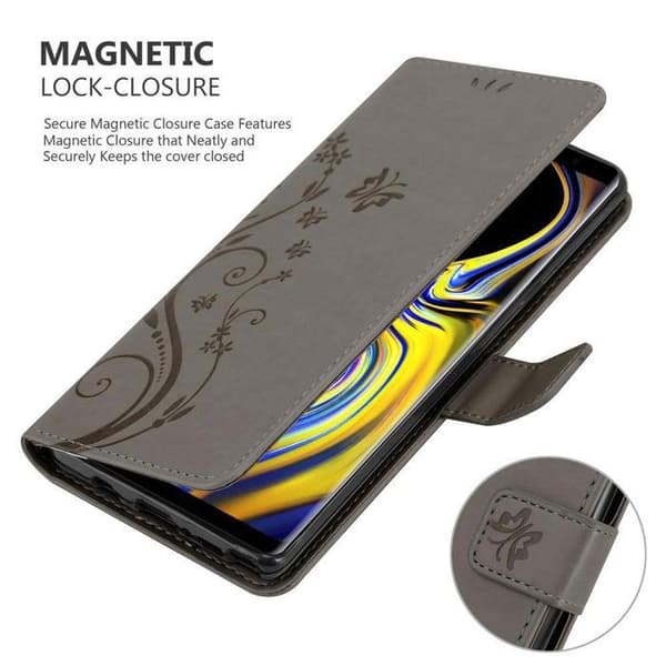Fodral med lock för Samsung Galaxy NOTE 9 Etui i GRÅ BLOMMIG Design Blomster Plånboksskydd Grå