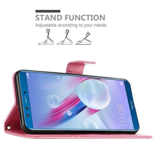 Coque Honor 9 LITE - CADORABO - Rosafloral - Syntetiskt läder - Ställfunktion - Platser för kort Rosa blommig