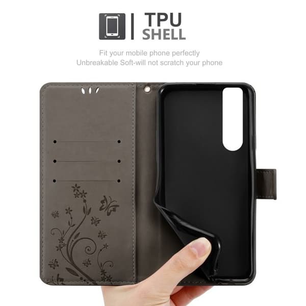 Fodral med lock för Sony Xperia 5 III Etui i GRÅ BLOMMÖNSTER Skydd Design Blommig Plånbok Grå