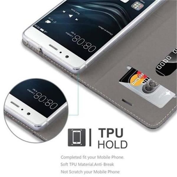 Huawei P9 LITE Fodral i GRÅ SVART från Cadorabo (TYG-LÄDERDESIGN) Helt skyddsfodral med flip flik och stativ