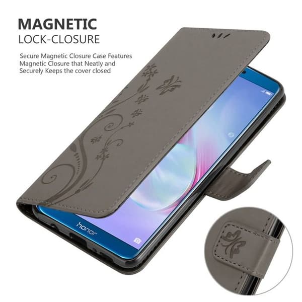 Fodral med lock för Honor 9X LITE Etui i GRÅ BLOMMÖNSTER Skydd Design Blommig Plånbok Grå
