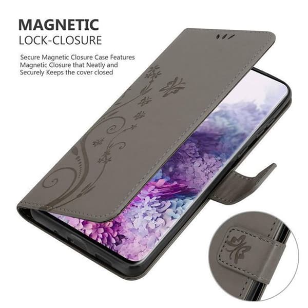 Fodral med lock för Samsung Galaxy S20 PLUS Fodral i GRÅ BLOMMÖNSTER Skydd Design Blommig Plånbok Grå