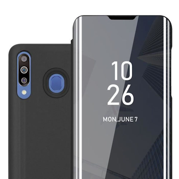 Cadorabo Fodral för Samsung Galaxy M30 / A40s i SVART TOURMALINE Clear View Spegelskyddsskydd 360 graders skydd Svart turmalin
