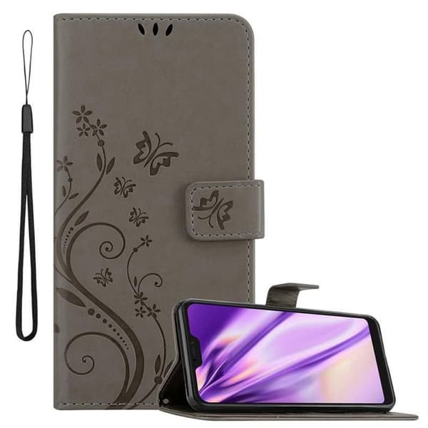 Fodral med lock för Xiaomi RedMi NOTE 6 PRO Etui i GRÅ BLOMMÖNSTER Skydd Design Blommig Plånbok Grå