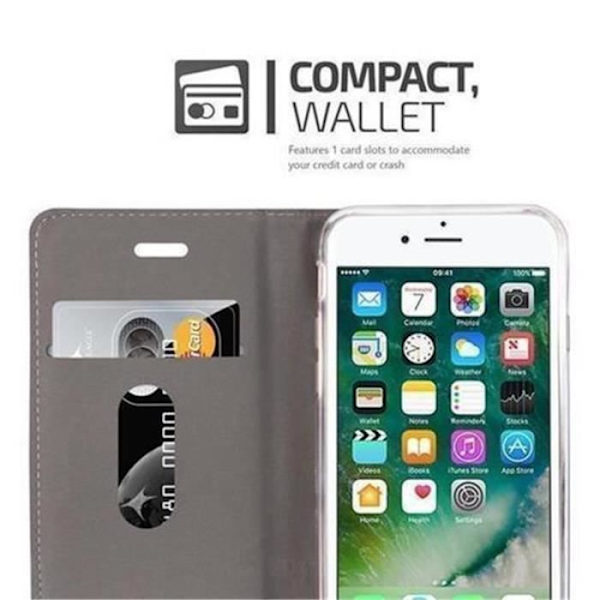 Cadorabo Fodral för Apple iPhone 8/7/7S MÖRKBLÅ BRUNT TYG-FAUX LÄDER Magnetisk Fodral Skydd Stöder Stand Card Slot