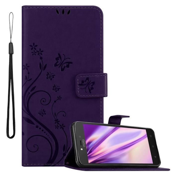 Etui för telefon - CADORABO - Motorola MOTO C PLUS - Syntetläder - Blommig - Ställfunktion Mörklila blommig