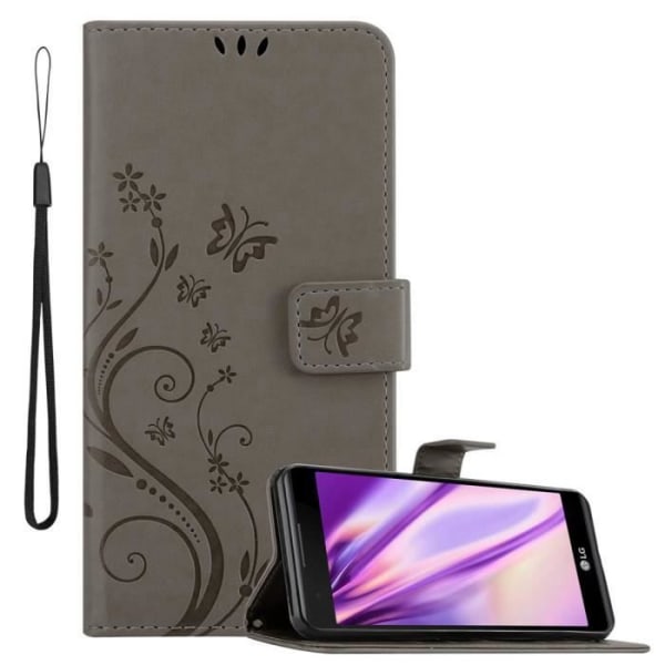 Coque för LG X POWER - CADORABO - Grå Blomma - Syntetskt Läder - Ställfunktion - Fack för Kort Blommig grå