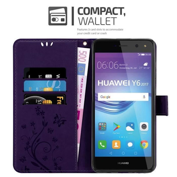 Fodral - CADORABO - Huawei Y5 2017 / Y6 2017 - Läderimitation - Blommig - Magnetisk stängning Mörk lila