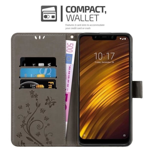 Skydd för Xiaomi Pocophone F1 - CADORABO - Grå Blommig - Syntetiskt Läder - Ställfunktion - Platser för Kort Blommig grå