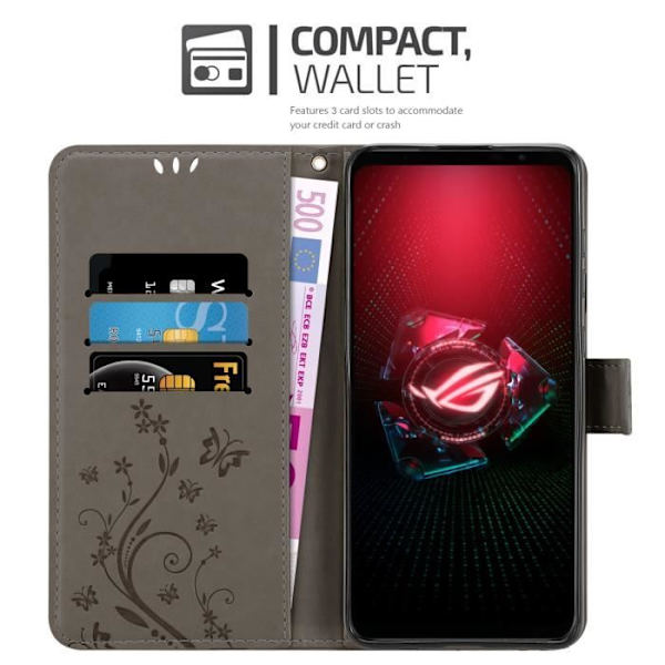 Coque - CADORABO - Asus ROG Phone 5 - Similicuir - Grå Blommönster - Plånboksfodral med Stativfunktion Blommig grå
