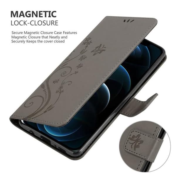 Fodral med lock för iPhone 12 / 12 PRO Etui i GRÅ BLOMMÖNSTER Skydd Design Blommig Plånbok Grå