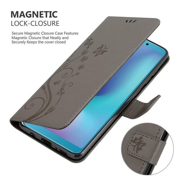 Fodral med lock för Samsung Galaxy A6s Etui i GRÅTT BLOMMÖNSTER Skyddande Blommönster Plånbok Grå