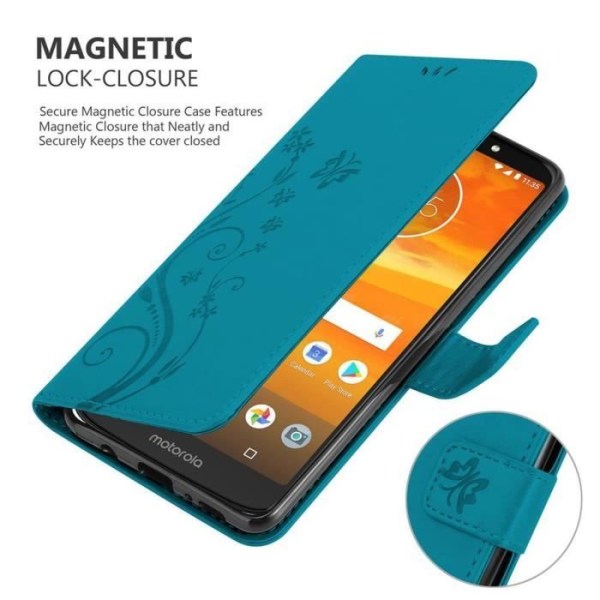 Coque - CADORABO - MOTO E5 PLUS - Simil läder - Blommig - Ställfunktion och plats för kort BLOMMA BLÅ
