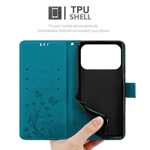 Fodral med lock för iPhone 17 PRO Etui i BLÅ BLOMSTER Design Floral Plånboksskydd Blå
