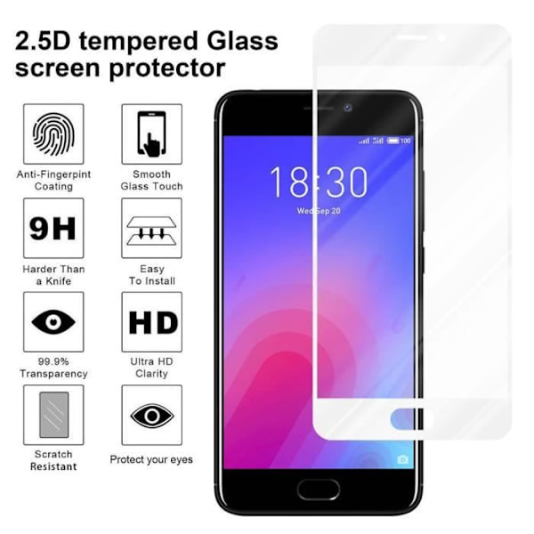 Härdat glas för MEIZU M6 TRANSP, VIT skyddsfilm MEIZU M6 komplett skärm MEIZU M6 härdat display vit svart