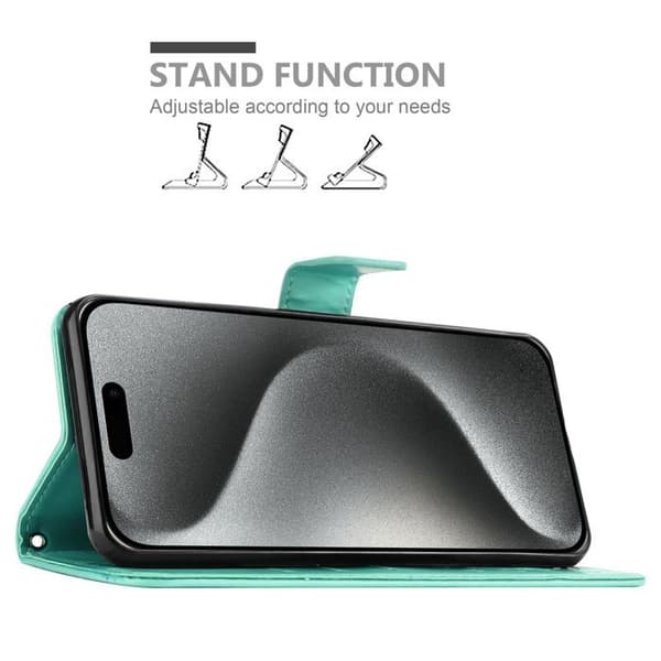 Fodral med lock för iPhone 16 PRO MAX, Turkos Blommig Design, Skyddande Plånbok Blå