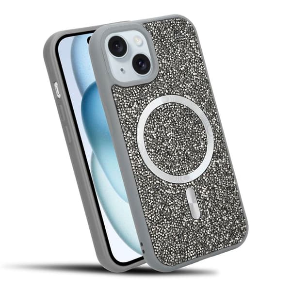 Skyddsfodral för iPhone 14 PLUS / 15 PLUS i GRÅ Stötsäker Magsafe-kompatibel med diamantglitter Grå