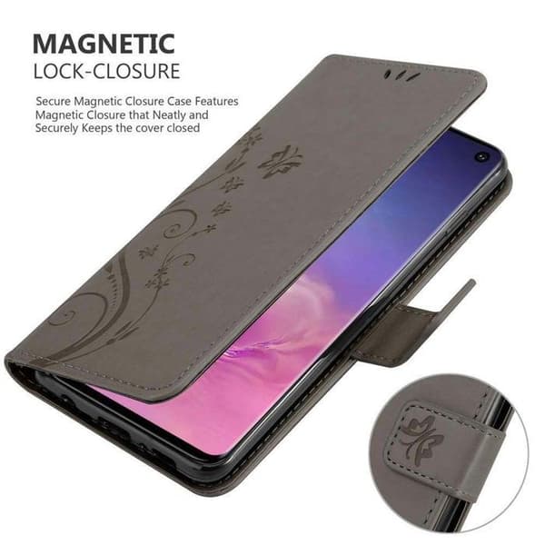 Fodral med lock för Samsung Galaxy S10 4G Etui i GRÅTT BLOMMÖNSTER Skydd Design Blommig Plånbok Grå