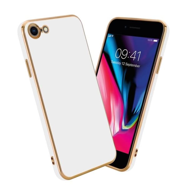 iPhone 7 / 7S / 8 / SE 2020 Glansig Vit - Guld med skydd för kamera Vit