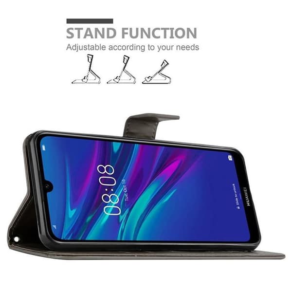 Fodral med lock för Huawei Y6 2019 Etui i GRÅ BLOMMÖNSTER Skydd Design Blommig Plånbok Grå