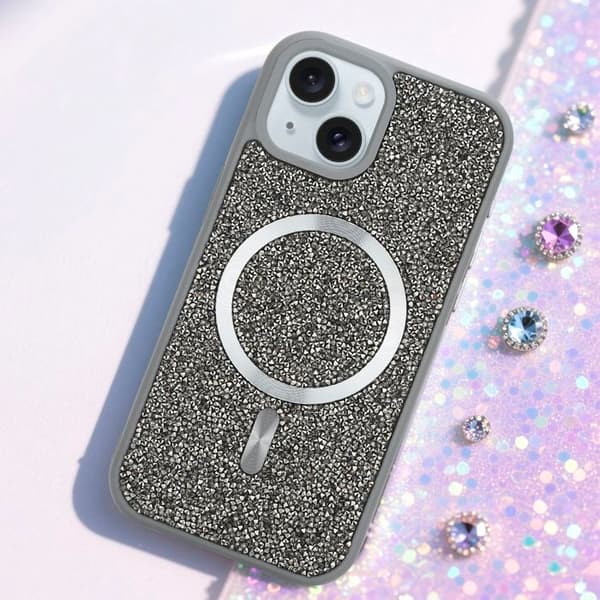 Skyddsfodral för iPhone 14 PLUS / 15 PLUS i GRÅ Stötsäker Magsafe-kompatibel med diamantglitter Grå