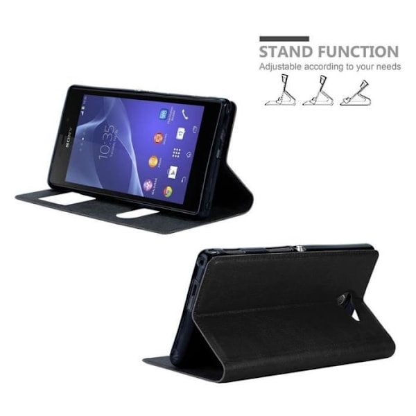 Cadorabo Fodral för Sony Xperia M2 - M2 Aqua i COMET BLACK – Skyddsfodral med horisontellt stativ och två fönster – View Case