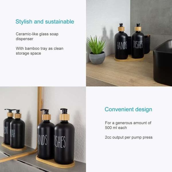 Set om 3: 2 svarta glas tvålbehållare, bambu fat 500 ml - diskmedel för kök och badrum Svart