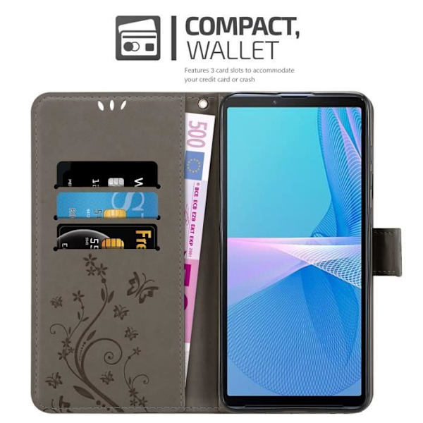 Skal för Sony Xperia 10 III - CADORABO - Grå Blommönster - Syntetläder - Ställfunktion - Platser för Kort Blommig grå