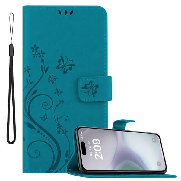 Fodral med lock för iPhone 16 PLUS Fodral i BLÅ BLOMSTERMÖNSTER Skydd Design Blommig Plånbok Blå