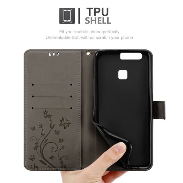 Fodral med lock för Huawei P9, Grå Blommig Design, Plånboksfodral Grå