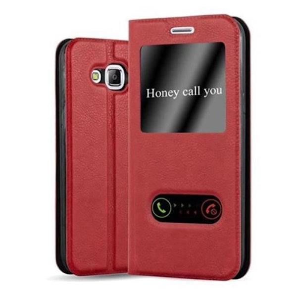 Cadorabo Fodral Samsung Galaxy J5 2015 (5) RED SAFRAN VIEW Fodral Fodral Fodral Magnetskydd stöder stativ och fönster