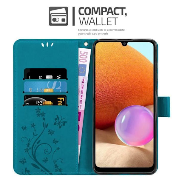 Coque - CADORABO - Samsung Galaxy A32 4G - Similicuir - Blå Blommor - Plånbok med Ställfunktion BLOMMA BLÅ
