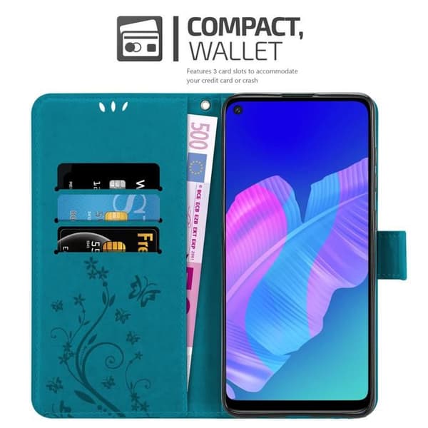 Fodral med lock för Huawei P40 LITE E Etui i BLÅ BLOMSTER Skydd Design Blomster Plånbok Blå