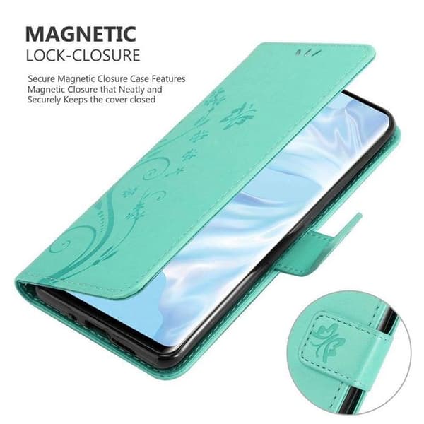 Fodral med lock för Huawei P30 PRO, Turkos Blommönster, Skyddande Design, Plånboksfodral Blå