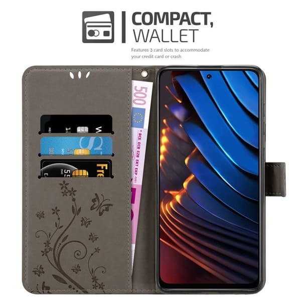 Fodral med lock för Xiaomi POCO X3 GT Etui i GRÅ BLOMMÖNSTER Skydd Design Blommig Plånbok Grå