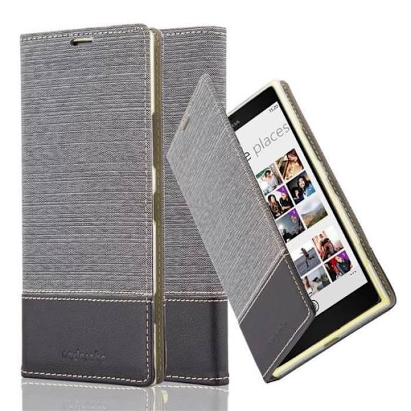 Nokia Lumia 1520 Fodral i SVART GRÅ från Cadorabo (TYG-LEATHERETTE Design) Fullt skyddsfodral med flipskydd och stativ