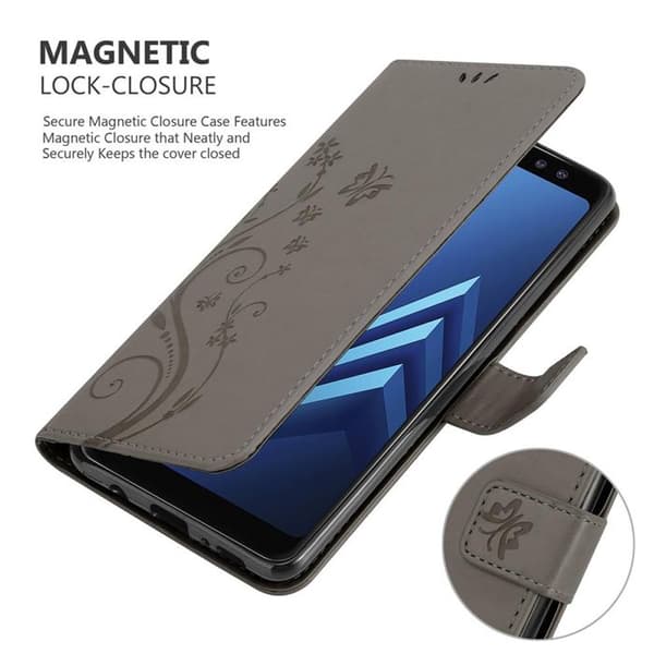 Fodral med lock för Samsung Galaxy A8 2018 Etui i GRÅ BLOMMÖNSTER Skydd Design Blommig Plånbok Grå