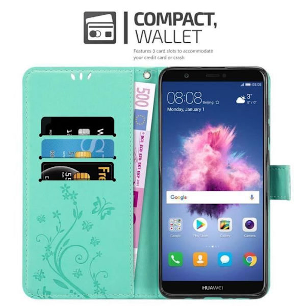 Huawei P SMART 2018 / Enjoy 7S fodral - CADORABO - Turkos - Blommig - Läderimitation Turkos