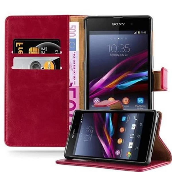 Cadorabo Fodral Sony Xperia Z1 CHERRY RED LUXURY Cover Fodral Fodral Magnetskydd stöder stativ och kortplats