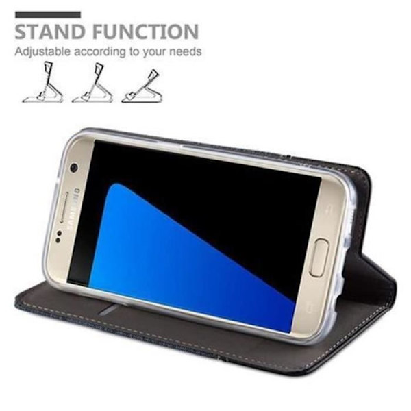 Cadorabo Fodral för Samsung Galaxy S7 MÖRKBLÅ SVART TYG-IMATISK LÄDER Magnetisk Fodral Skal med stativ och kortplats Mörkblå, svart