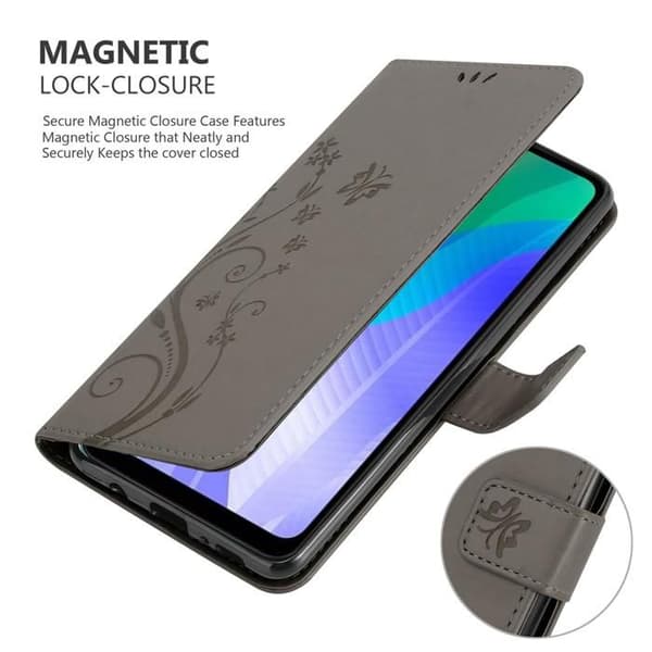 Fodral med lock för Huawei Y6P Etui i GRÅTT BLOMMÖNSTER Skydd Design Blommig Plånbok Grå