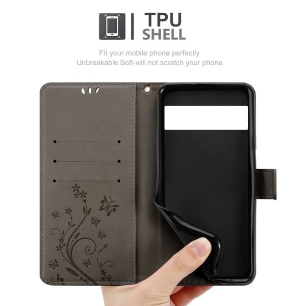 Fodral med lock för Google PIXEL 6 PRO Etui i GRÅ BLOMMÖNSTER Skydd Design Blommig Plånbok Grå