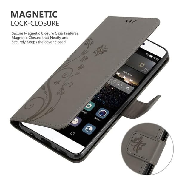 Fodral med lock för Huawei P8, i GRÅ BLOMMÖNSTER, Skyddande design, Plånboksfodral Grå