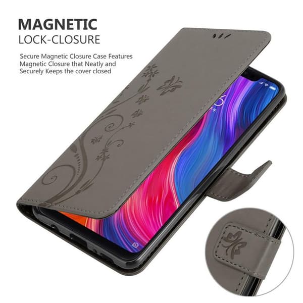 Fodral med lock för Xiaomi Mi 8 Etui i GRÅ BLOMMÖNSTER Skydd Design Blommig Plånbok Grå
