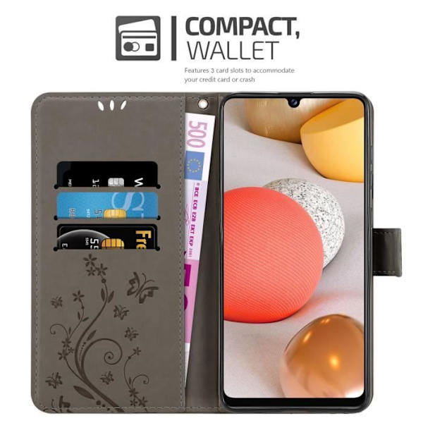 Coque - CADORABO - Samsung Galaxy A42 5G / M42 5G - Grå Blommor - Konstläder - Plånbok med Stödfunktion Blommig grå