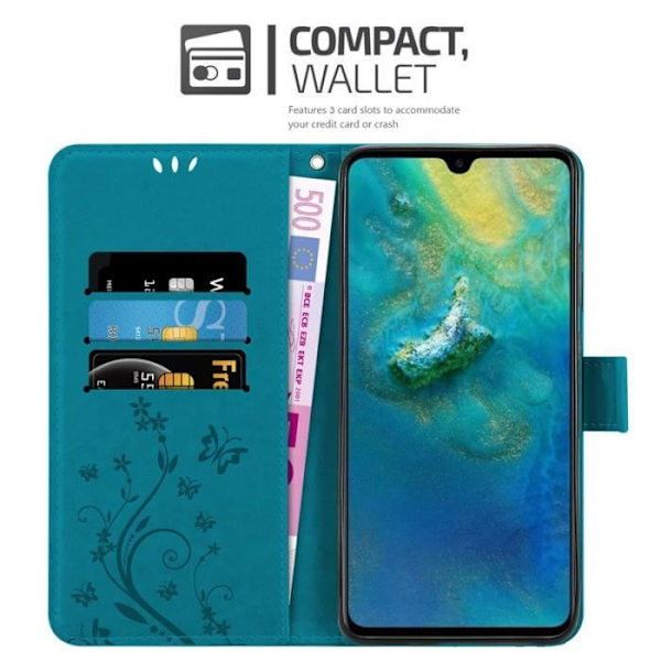 Fodral till Huawei MATE 20 - CADORABO - Blommönster - Imiterat läder - Stativfunktion - 3 kortplatser Blå