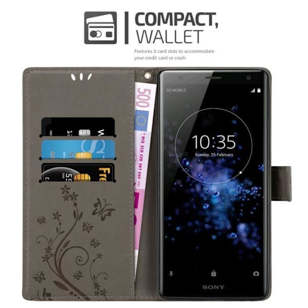 Fodral till Sony Xperia XZ2 - CADORABO - Blommönster - Imiterat läder - Stativfunktion - 3 kortplatser Grå