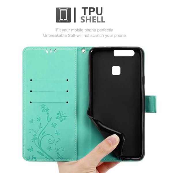 Fodral med lock för Huawei P9, Turkos Blommönster, Skyddande Design, Plånbok Blå