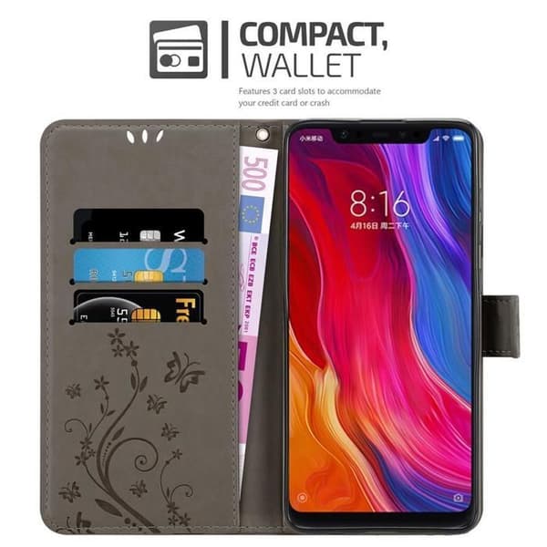 Fodral med lock för Xiaomi Mi 8 Etui i GRÅ BLOMMÖNSTER Skydd Design Blommig Plånbok Grå
