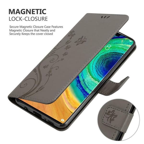 Fodral med lock för Huawei MATE 30 PRO Etui i GRÅ BLOMMÖNSTER Skydd Design Blommig Plånbok Grå